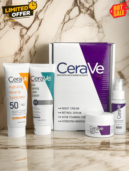 CERAVE 4-in-1 Skincare Kit | Cleanser, Night Cream, Retinol Serum & Sunscreen