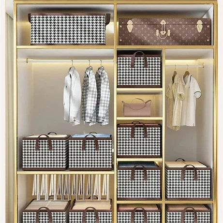 Brown Checkered Storage Cubes - Premium Foldable Closet Organizer Bins with Handles for Clothes, Toys & Accessories