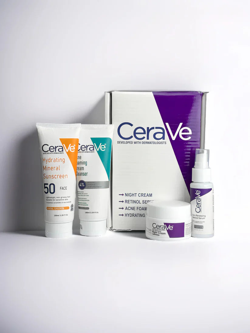 CERAVE 4-in-1 Skincare Kit | Cleanser, Night Cream, Retinol Serum & Sunscreen